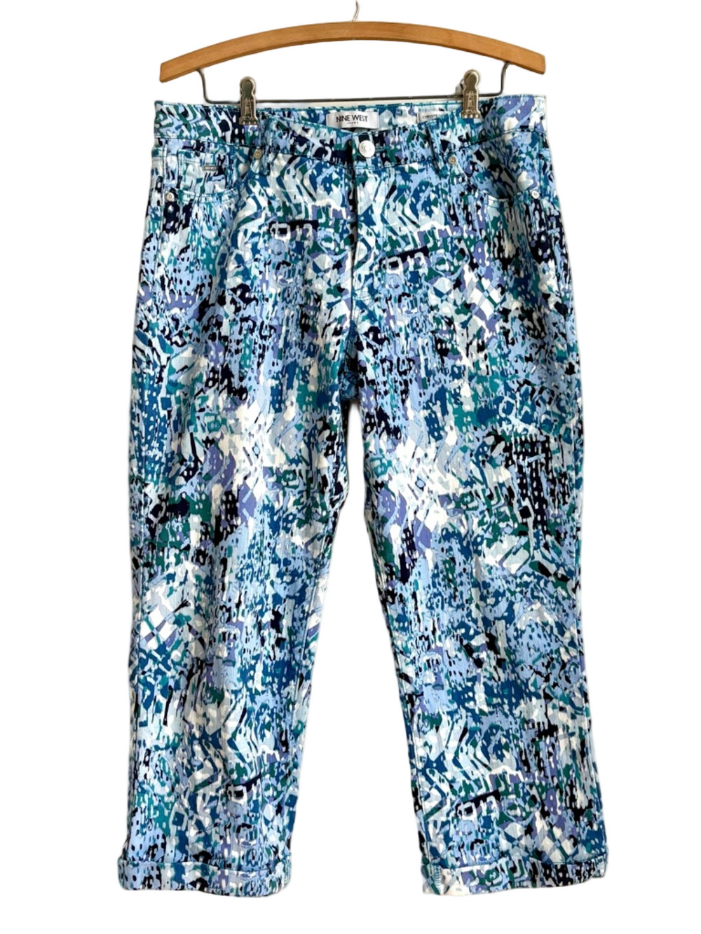 NINE WEST Abstract Art Colorful Tones of Blue Cropped Cotton Capri Jeans size 10